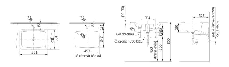 Kích thước lavabo âm bàn tiêu chuẩn