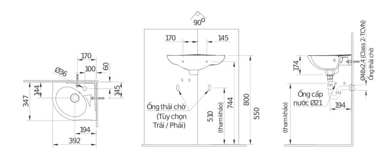 Kích thước lavabo góc tiêu chuẩn