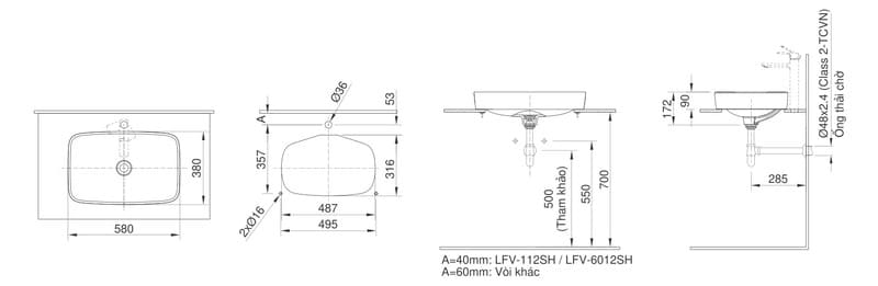 Kích thước lavabo đặt bàn tiêu chuẩn