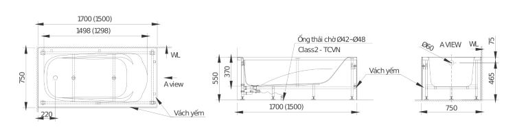 Kích thước bồn tắm cỡ vừa INAX