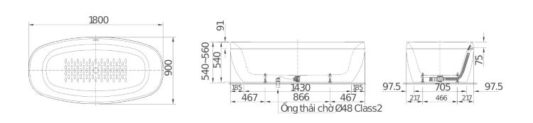 Kích thước bồn tắm hình Oval INAX