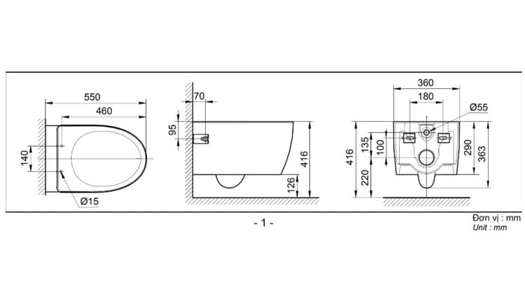 Kích thước bồn cầu treo tường INAX AC-952VN